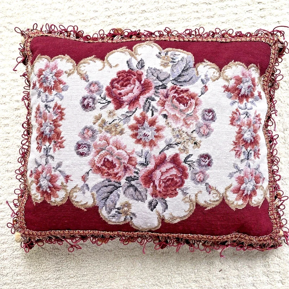 Aubusson Style Tapestry Needlepoint Throw Pillow Pom Pom Tassel Trim Down Insert
